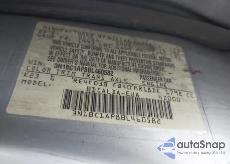 2011 Nissan Versa 1.8S z USA, uszkodzony, nr VIN 3N1BC1AP8BL460582